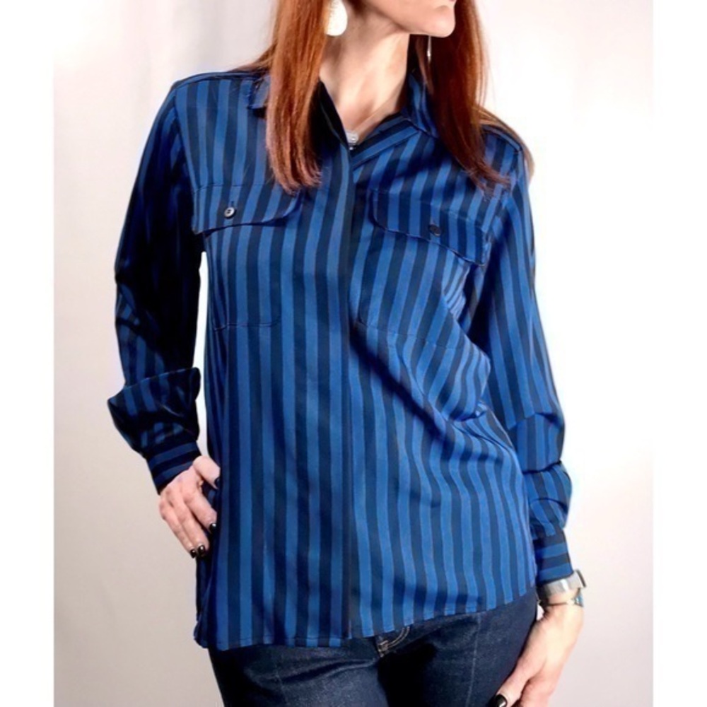 Vintage NWT Deadstock Yves St. Clair Blue and Black Stripe Button-Down Shirt